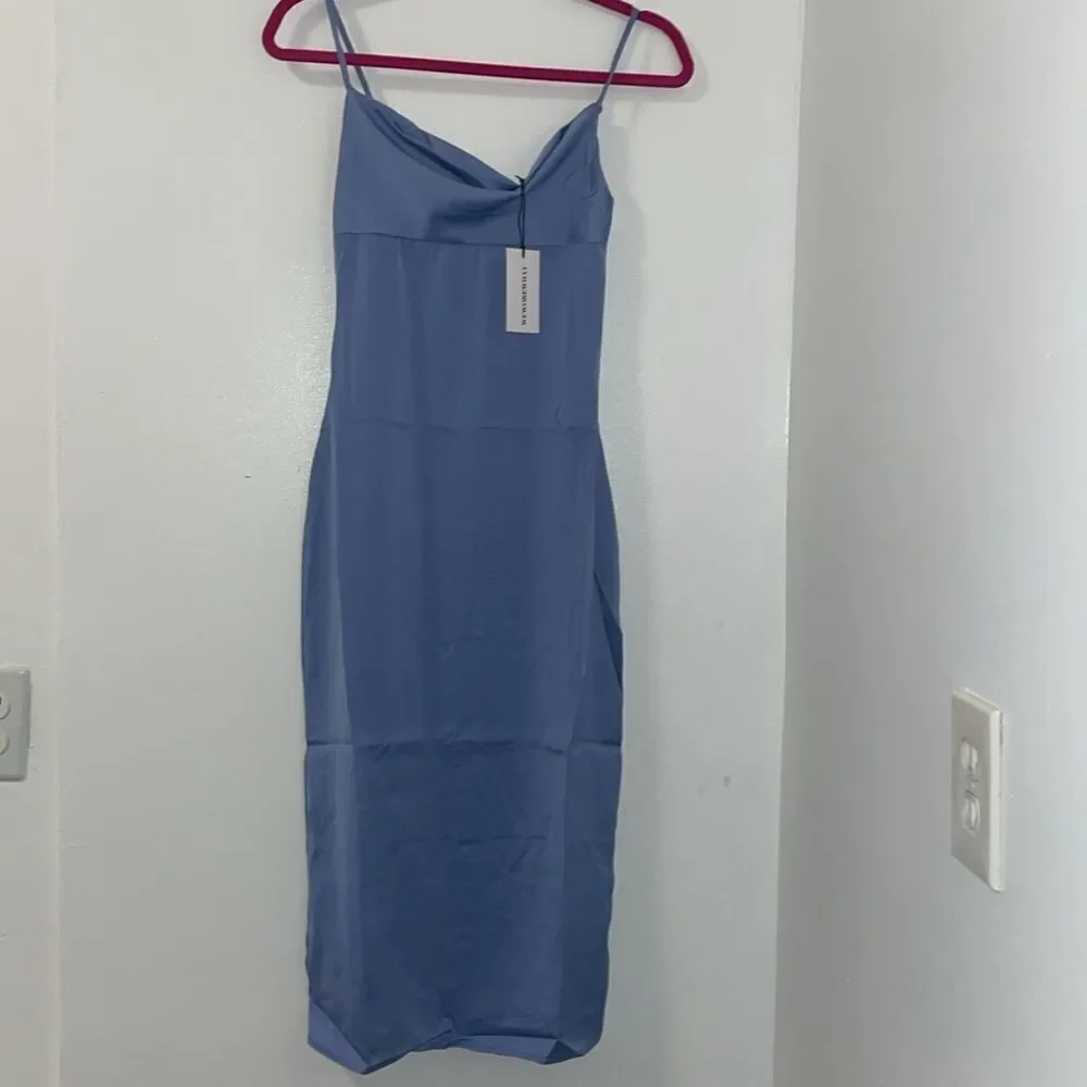 NWT Weworewhat slate blue satin charmeuse slip cowl midi dress spaghetti straps - Picture 6 of 14